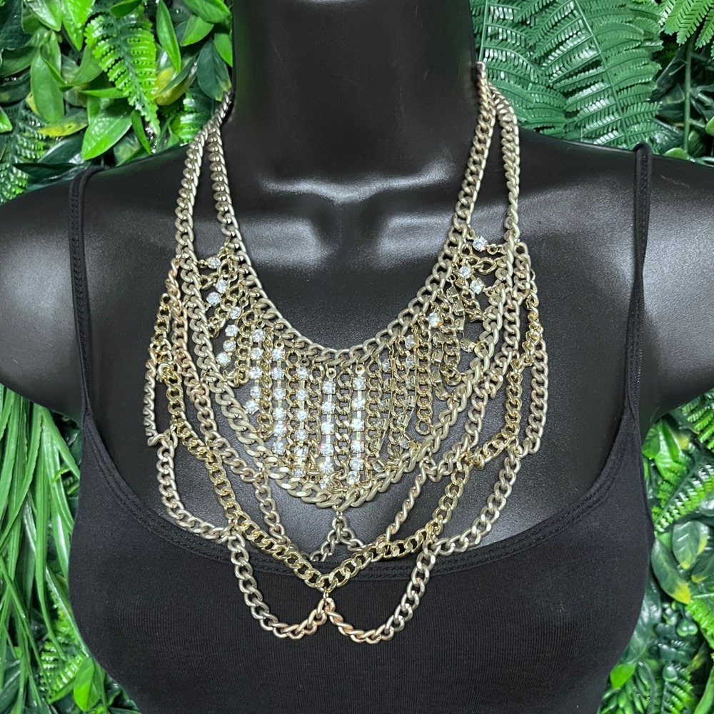 Statement Bib Necklace Gold Tone Multi Layered Rhinestone Curb Chain Chunky 3817
